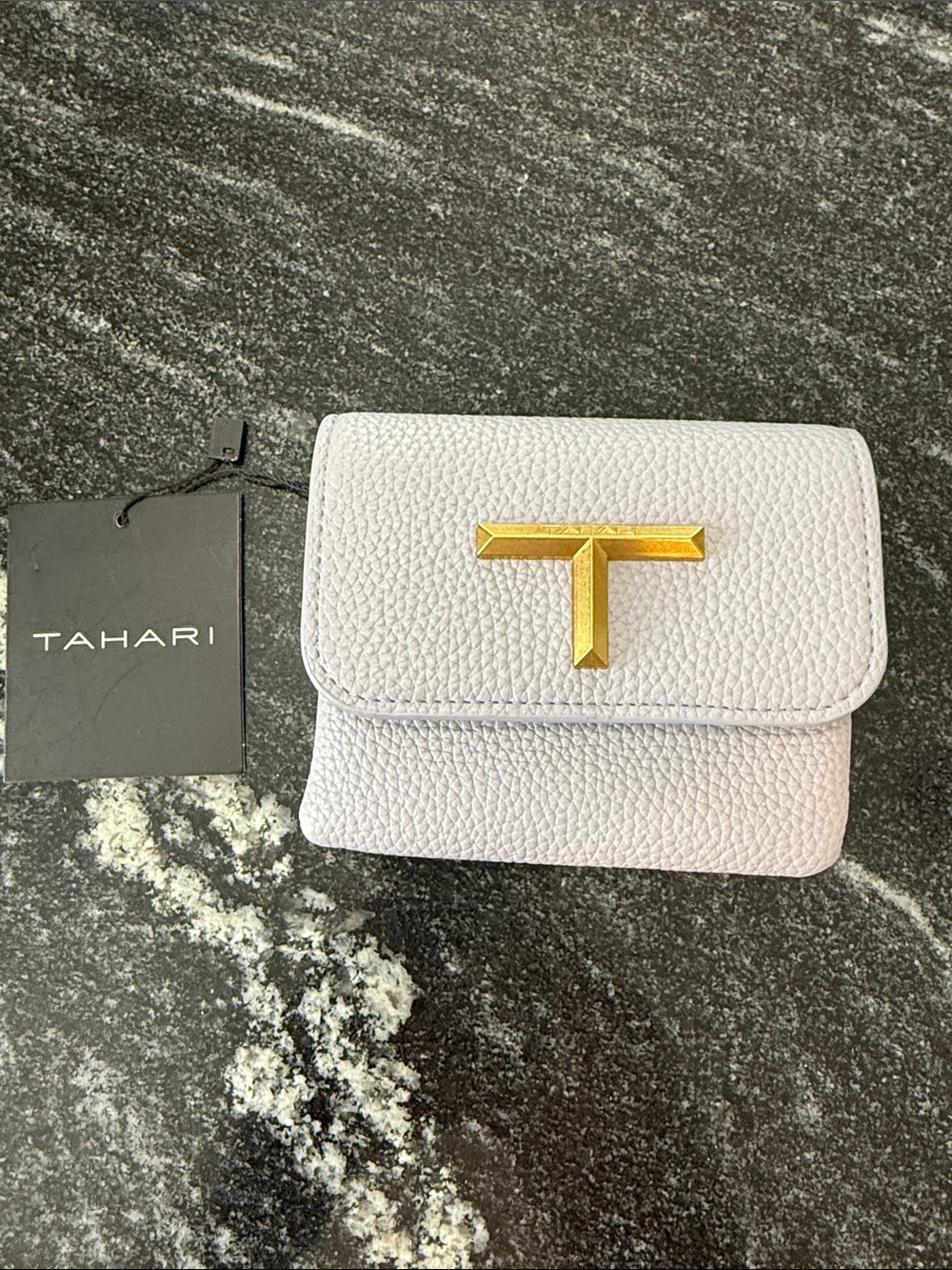 Tahari Pebbled Lavender Leather Mini Wallet with Gold T Accent